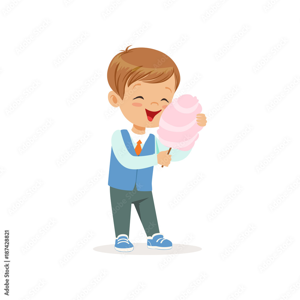 Sticker Cartoon cheerful boy eating sweet cotton candy on stick. Kid character with brown hair dressed in shirt, vest and jeans. Colorful flat vector design