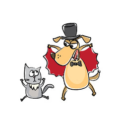 Dog scared cat on a Halloween party