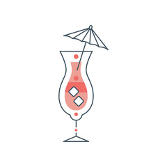 Refreshing summer cocktail with cubes of ice and umbrella. Design for beach party poster, logo or menu. Symbol in linear style with pink fill. Flat vector design