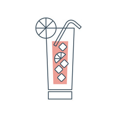 Fresh mojito cocktail with ice, slice of lime and drinking straw. Glass tumbler with alcoholic beverage. Flat vector icon with black outline and red fill color