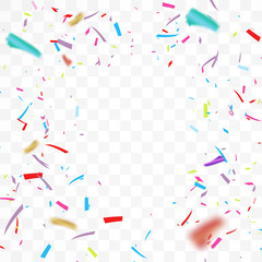 The realistic Falling of  shiny confetti glitters in colorful. Frame design for New Year, birthday,  element of the Valentine's Day. Holiday design Isolated on a transparent background.