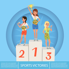Three female athletes with trophy and medals on pedestal. Sport competition. Awards ceremony. Cartoon young girls in sportswear. Flat vector design