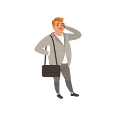 Self-confident businessman standing with bag on shoulder and talking on phone. Cartoon fat man character in stylish gray cardigan, pants and shirt. Flat vector design