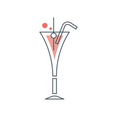 Glass of cosmopolitan cocktail with drinking straw. Alcoholic beverage with vodka. Design element for logo, invitation card or bar s poster. Vector linear icon