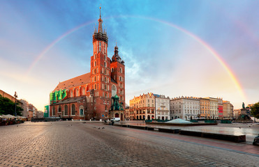 Fototapeta na wymiar Krakow Market Square with rainbow, Poland