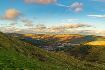 Fototapeta premium View from the A4061 road over Treorchy in Rhondda Cynon Taf, Mid Glamorgan, Wales, UK