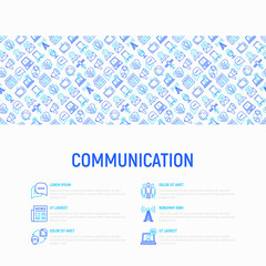 Communication concept with thin line icons: e-mail, newspaper, letter, chat, tv, support, video call, microphone. Modern vector illustration for banner, print media, web page.