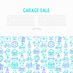 Fototapeta na wymiar Garage sale concept with thin line icons: signboard, globe, telescope,guitar, rollers, armchair, toolbox, soccer ball. Modern vector illustration for banner, print media, web page.