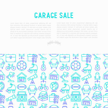 Garage sale concept with thin line icons: signboard, globe, telescope,guitar, rollers, armchair, toolbox, soccer ball. Modern vector illustration for banner, print media, web page.