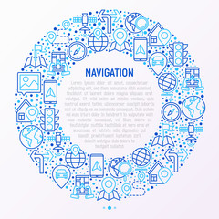 Navigation and direction concept in circle with thin line icons set: pointer, compass, navigator on tablet, traffic light, store locator, satellite. Modern vector illustration for web page.