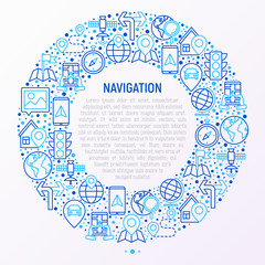 Obraz premium Navigation and direction concept in circle with thin line icons set: pointer, compass, navigator on tablet, traffic light, store locator, satellite. Modern vector illustration for web page.