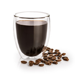 Hot coffee in a glass with double walls isolated on a white background. Coffee beans..