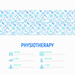 Fototapeta na wymiar Physiotherapy concept with thin line icons: rehabilitation, physiotherapist, acupuncture, massage, gymnastics, go-carts, vertebrae; x-ray, trauma, crutches. Vector illustration, web page template.