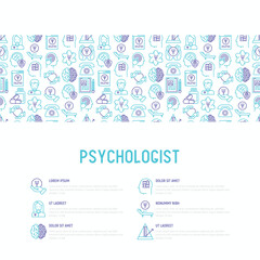 Fototapeta na wymiar Psychologist concept with thin line icons: psychiatrist, disease history, armchair, pendulum, antidepressants, psychological support. Vector illustration for banner, web page, print media.