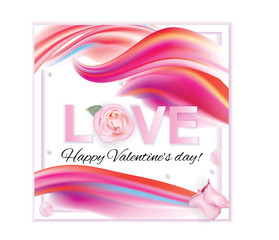 Valentines day. Banner with pink red abstract background and pink rose 