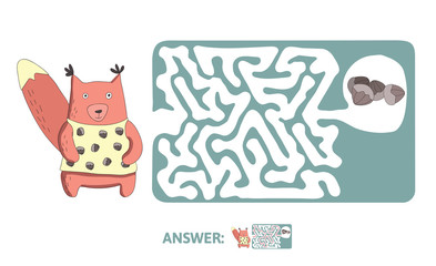 Children's maze with squirrel and nuts. Cute puzzle game for kids, vector labyrinth illustration.