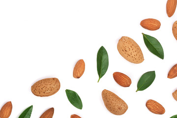 almonds with leaves isolated on white background with copy space for your text. Top view