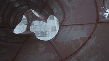 Empty smooth abstract room interior of sheets rusted metal with gray concrete. Architectural background. 3D illustration and rendering