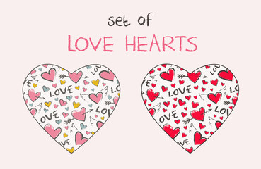 Vector hearts set. Happy Valentine Day pattern in the shape of heart. ?ute hand drawn hearts with angel wings and arrows.