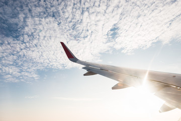 Fototapeta premium Wing of an airplane in morning sunrise .