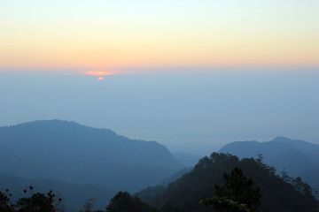 top hills and sunrise at Doi Ang Khang. Composition of the nature at Chiangmai Thailand