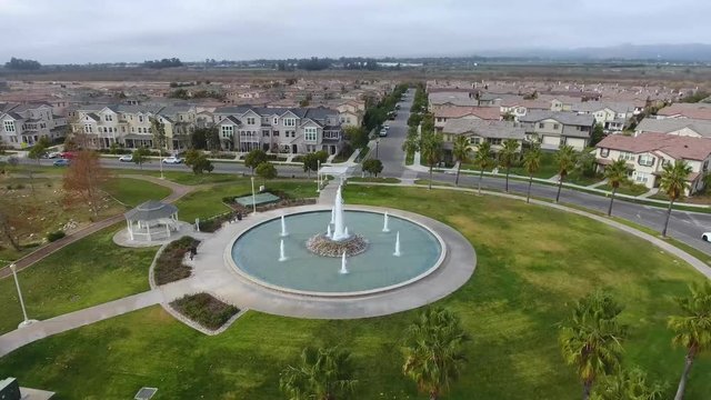 Large Neighborhood Community Park Fountain Drone Flyover