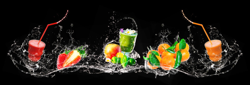 Frischer Mix aus Smoothies und Fr&uuml;chten, Wasserspritzer, Banner