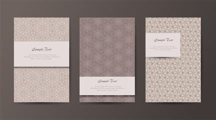 Vector set of three templates with geometric ornament. Vintage business card. Ornamental background.	