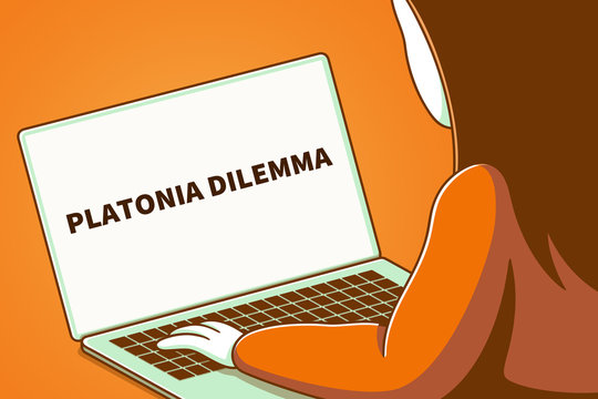 Woman looking at a laptop screen with the words platonia dilemma