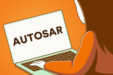 Woman looking at a laptop screen with the words autosar
