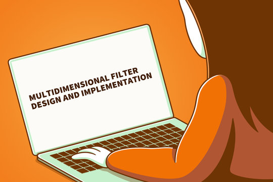 Woman looking at a laptop screen with the words multidimensional filter design and implementation
