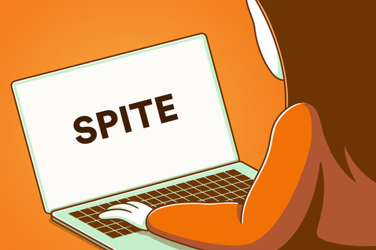 Woman looking at a laptop screen with the words spite