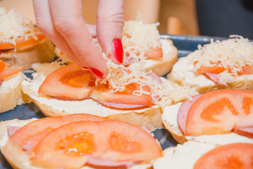 Tomato and cheese sandwich. The bread slice with tomato and cheese lies on a leaf.