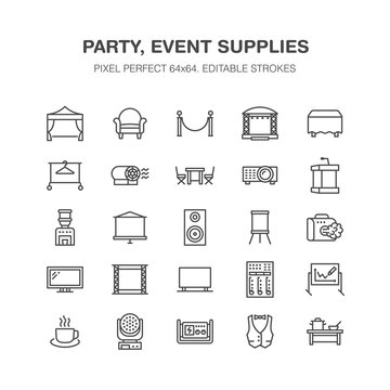 Event Supplies Flat Line Icons. Party Equipment - Stage Constructions, Visual Projector, Stanchion, Flipchart, Marquee. Thin Linear Signs For Catering, Commercial Rental Service. Pixel Perfect 64x64.