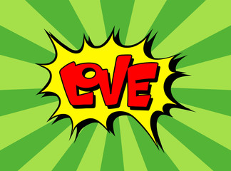 Comic speech bubble with text Love, layout template with clouds beam vector illustration