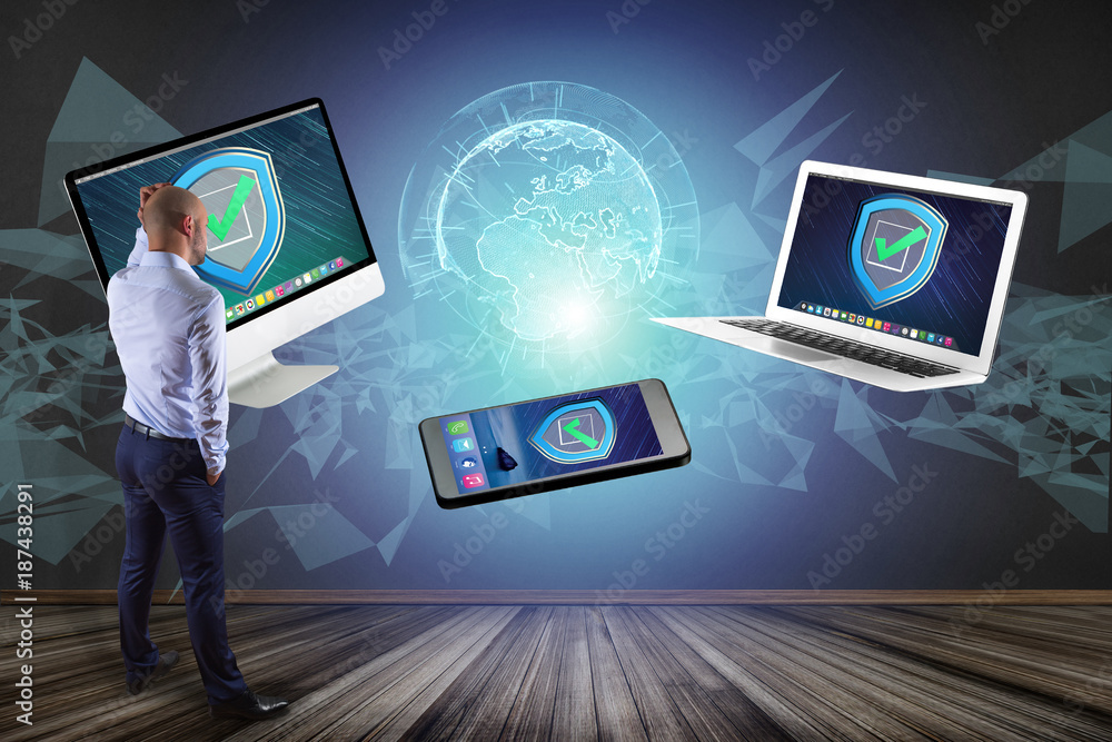Poster businessman in front of a wall with security shield symbol over a network connection of different de