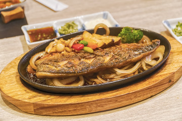 Close up of Saba fish grilled in restaurant.Selective focus