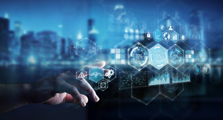 Businessman using holograms datas on digital screens 3D rendering