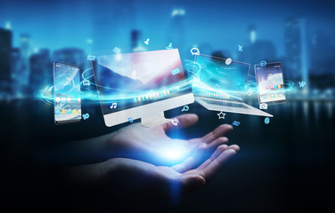 Businessman connecting tech devices and icons applications 3D rendering