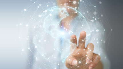 Businesswoman using USA world map interface 3D rendering