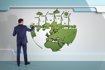 Businessman drawing renewable energy sketch on a board 3D rendering