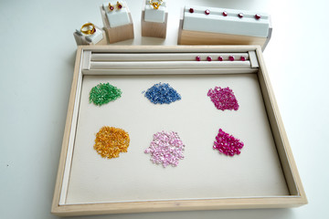 working path gem in wooden and leather plate with tool beside on white table