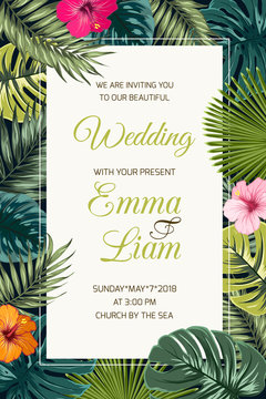 Wedding event invitation card template. Exotic tropical jungle rainforest bright green palm tree and monstera leaves hibiscus flowers border frame on dark background. Vertical portrait aspect ratio.