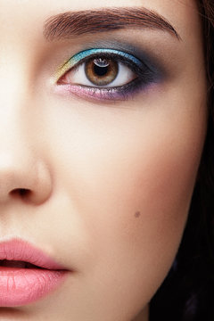 Closeup macro portrait of female face. Human woman half-face  with evening beauty makeup.