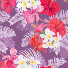 Fototapeta na wymiar Tropical seamless pattern with hibiscus syriacus and plumeria flower with leaf on purple background. Vector set of exotic tropical garden for wedding invitations, greeting card and fashion design. 