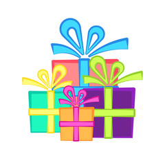 Cute present symbol with bright flat gift boxes. Nice birthday or shower party sign with cartoon colorful presents with bows