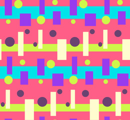 Abstract pink and blue bright colorful geometric pattern with rounds, squares, rectangles, lines. Seamless texture with simple geometric elements for textile, wrapping paper, background, cover