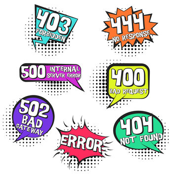 Retro comic speech bubbles with inernet page errors in pop art style. Vector comic balloons with halftone shadow and popular web errors text, 400, 404, 444, 502 for comics books, banners, web design