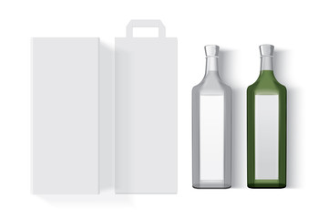 transparent glass bottle with box and bag on a white background mock up