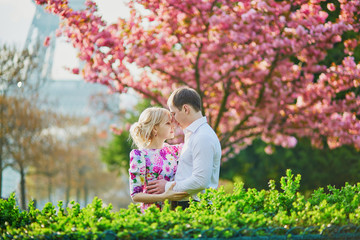 Fototapeta premium Couple in front of the Eiffel tower on a spring day in Paris, France